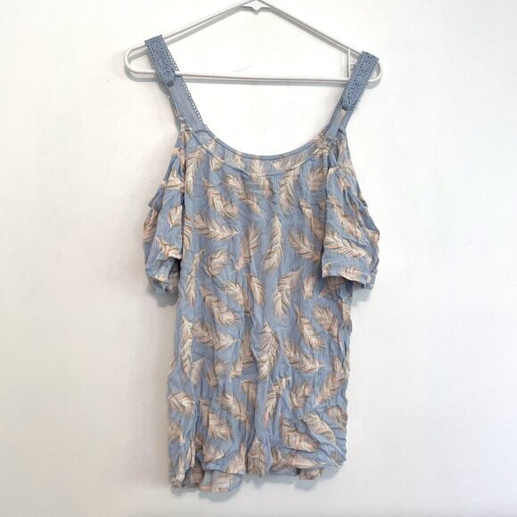 TORRID 1 Plus Size Light Blue Feathers Crinkle Gauze Cold Shoulder Top Boho 1X - Picture 14 of 16